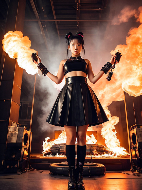 a japan young woman in a tight black skirt, a leather jacked, many rings and juwelery and space buns sitting on a very high throne of scrap metal and wires with fire coming out of some pipes. it is in a big old hall. there is a rave there and some boomboxes and a dj