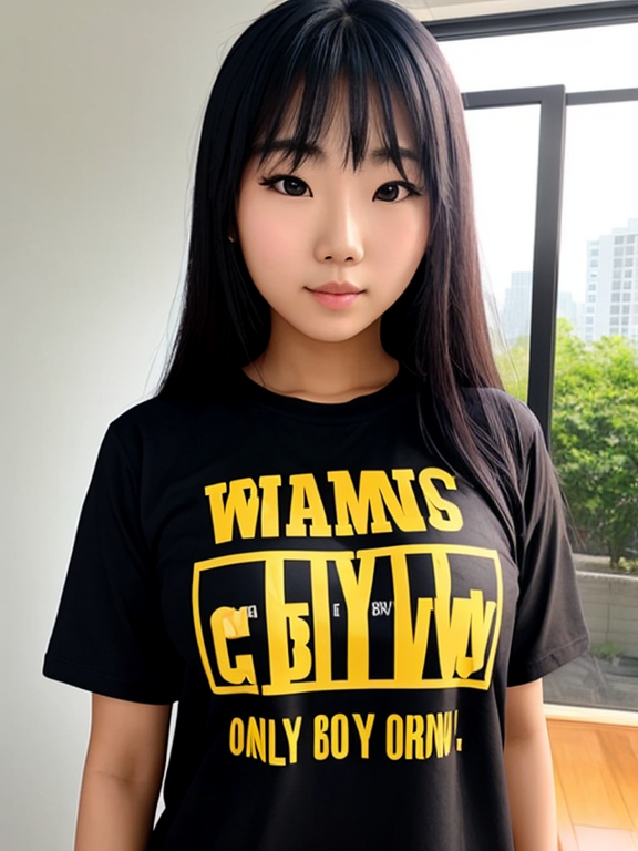 An asian girl with a large chest, wearing a shirt that reads 