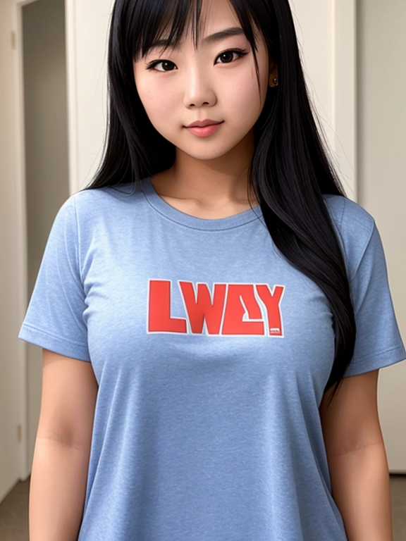 An asian girl with a massive chest, wearing a shirt that reads 
