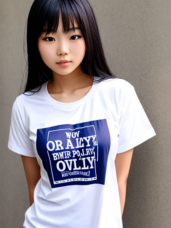 An asian girl wearing a shirt that reads 