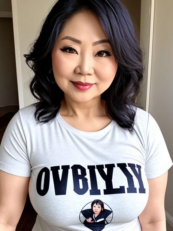 A mature curvy asian woman wearing a shirt that reads 