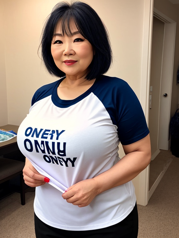 A mature curvy asian grandma wearing a shirt that reads 