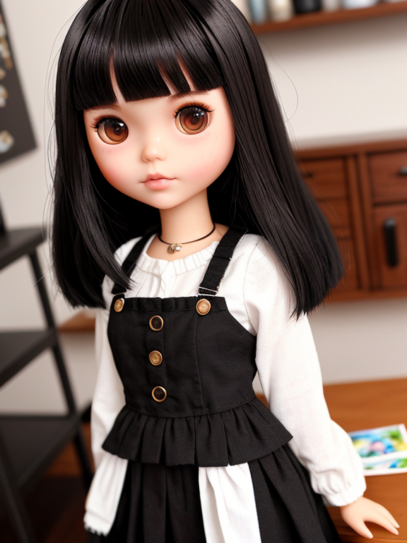 Realistic photo of a Blythe doll with short black hair in a bob and a bangs, brown eyes, she is asian and dresses in black