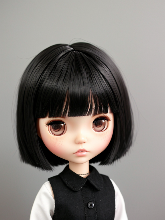 Realistic photo of a Blythe doll with black hair and a bangs, brown eyes, she is asian and dresses in black. Her hair is cut short in a bob, the end of it is cut to her jawline