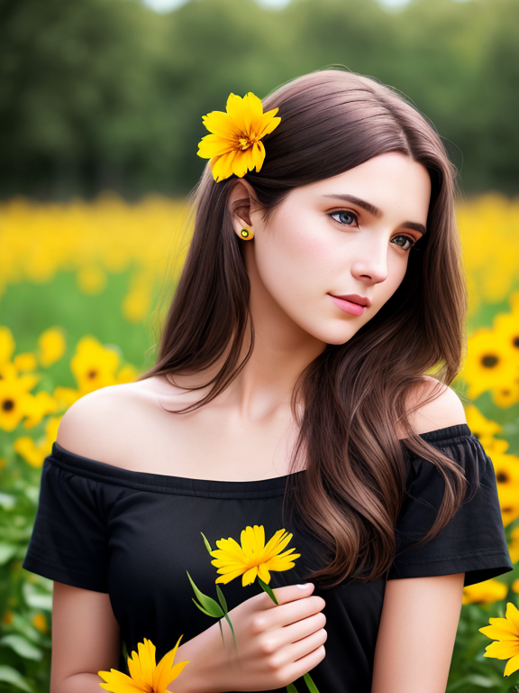 Switch genders from male to female, long brown hair, yellow flower tucked behind one ear, black off-the-shoulder t-shirt, aged 34, pretty, beautiful, hyperrealistic, 8k, digital photography