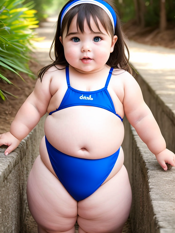 Very Fat white Toddler girl with big belly and double chin in swimsuit eating