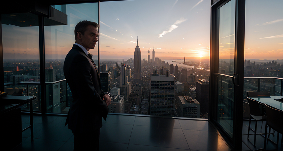 Create a photorealistic image featuring a James Bond-like secret agent standing on top of a tall building, overlooking a sprawling city skyline. The agent should be sharply dressed in a tailored suit, exuding an air of confidence and mystery. The background should showcase a modern city at dusk, with the setting sun casting an orange-purple hue across the sky. Include tall skyscrapers, twinkling city lights, and reflections on glass windows to create a dynamic urban atmosphere. The agent should be positioned near the edge of the building, gazing out over the cityscape with a poised stance. Use a 192 x 108 aspect ratio to capture the grandeur and scale of the scene, emphasizing the agent's vigilant and commanding presence.
