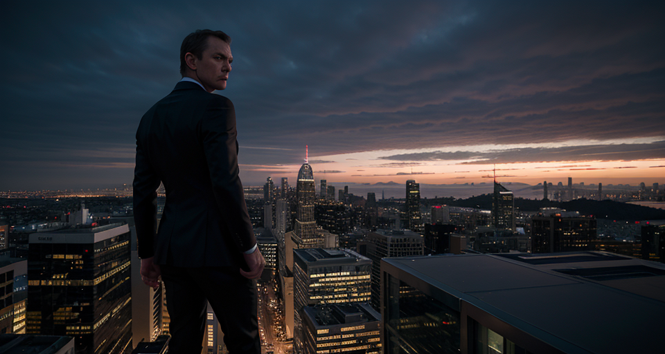 Create a photorealistic image featuring a James Bond-like secret agent standing on top of a tall building, overlooking a sprawling city skyline. The agent should be sharply dressed in a tailored suit, exuding an air of confidence and mystery. The background should showcase a modern city at dusk, with the setting sun casting an orange-purple hue across the sky. Include tall skyscrapers, twinkling city lights, and reflections on glass windows to create a dynamic urban atmosphere. The agent should be positioned near the edge of the building, gazing out over the cityscape with a poised stance. Use a 192 x 108 aspect ratio to capture the grandeur and scale of the scene, emphasizing the agent's vigilant and commanding presence.