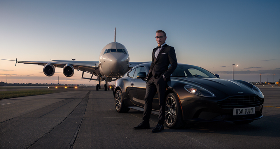 Create a photorealistic image featuring a James Bond-like secret agent at an airport. The agent should be sharply dressed in a tailored suit, with an air of confidence and intrigue. Position him standing in the foreground, with his iconic Aston Martin in the background. Ensure the full runway is visible, stretching off into the distance under a sky transitioning from dusk to early night, with shades of orange, purple, and blue. Include details such as airport lights, distant planes taking off or landing, and the terminal building in the distance to create an immersive and dynamic airport atmosphere. The overall vibe should be sophisticated and mysterious, highlighting the agent's readiness for adventure. Use a 192 x 108 aspect ratio to capture the expansive scene and emphasize the agent's commanding presence at the airport. 