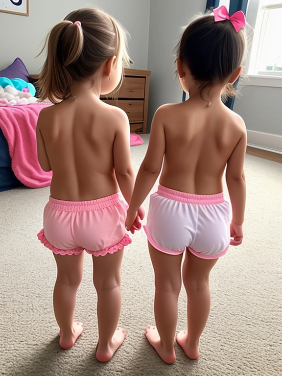 rear view of toddler girl and her baby sister both no pants no shirt on big ass
