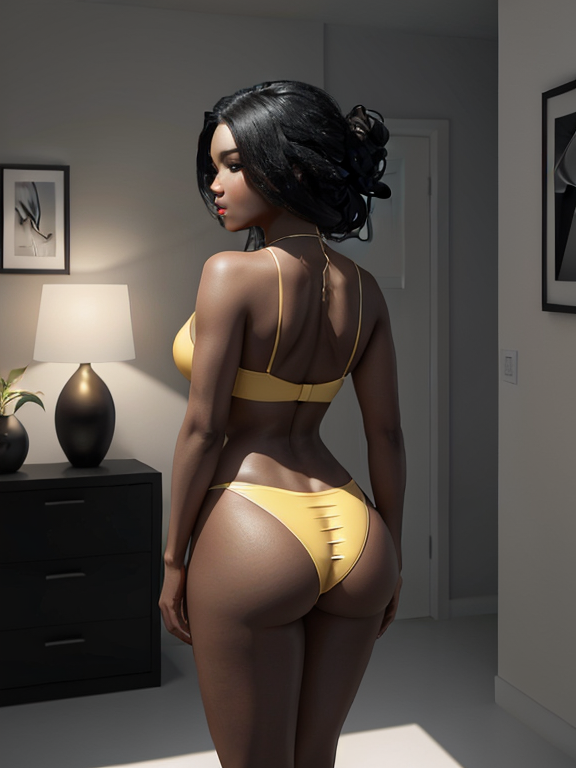 Portrait, A beautiful woman that is standing in a modern room, A black women with a massive butt wearing a yellow bikini at the beach, full body view, real full body height, beautiful woman standing confidently in a bright, modern room with minimal decor, vivid lighting, and an elegant atmosphere, highly detailed and intricate digital painting, with sharp focus and smooth textures, inspired by the works of artgerm, Beautiful hair, Makeup, Octane render, 8k, Beautiful lighting, Golden ratio composition, hyper realistic