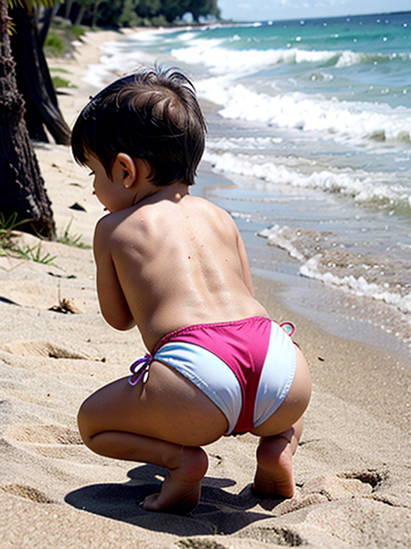 Toddler boy in bikini, on knees, rear view , loli