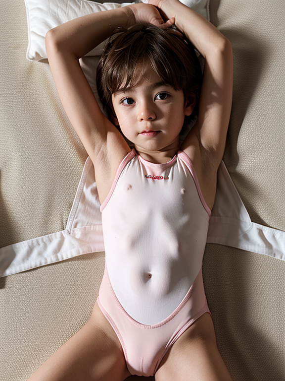 Toddler boy in tight swimsuit, lying down on back, loli