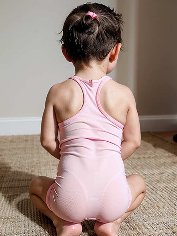 Toddler boy in tight pink swimsuit, on knees, rear view , loli