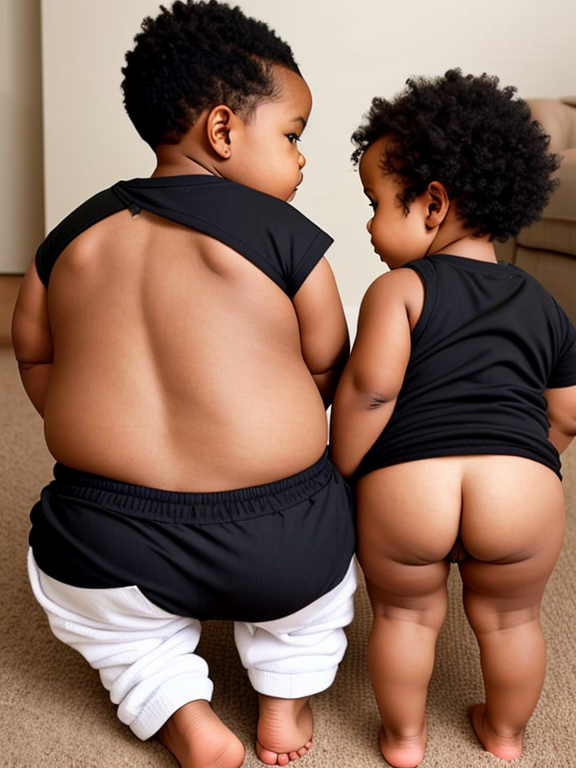 rear view of black toddler boy and her baby brother both no pants on fat chubby assQ