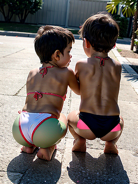 Toddler boy in bikini, on knees, rear view and brother, loli