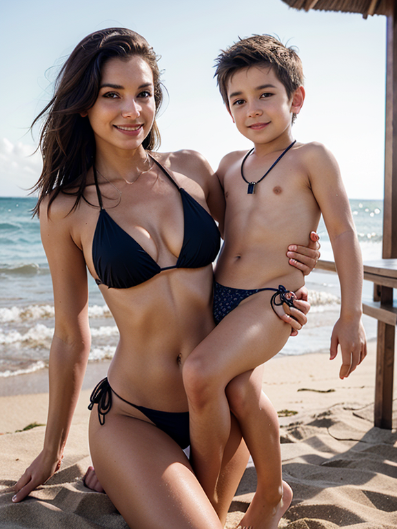 Mom and son on beach bikini