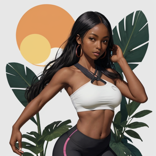 A dark skinned girl wearing tight yoga pants and strapless sports bra that wraps around her large naturawls, planar vector, character design, japan style artwork, on a shamanic vision quest, with beautiful nocturnal sun and lush Amazon jungle in the background, subtle geometric patterns, clean white background, professional vector, full shot, 8K resolution, deep impression illustration, sticker type, vibrant color, colorful background, a painting illustration , 2D