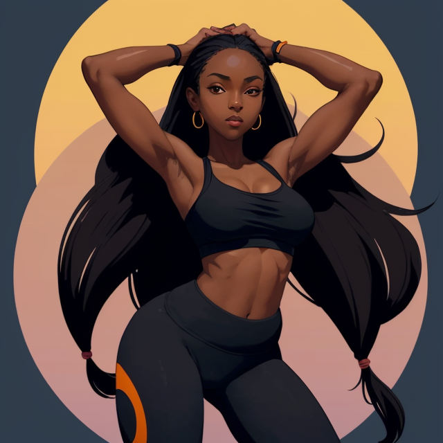 A dark skinned girl wearing tight yoga pants and strapless sports bra that wraps around her large naturals, with her arms behind her head puffing put her chest with seductive lopk on her face, planar vector, character design, japan style artwork, on a shamanic vision quest, with beautiful nocturnal sun and lush Amazon jungle in the background, subtle geometric patterns, clean white background, professional vector, full shot, 8K resolution, deep impression illustration, sticker type, vibrant color, colorful background, a painting illustration , 2D