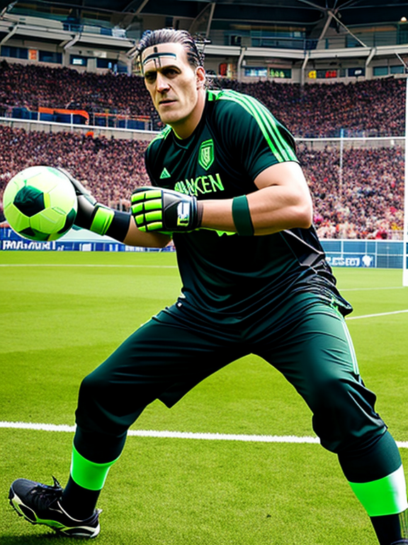 Frankenstein the monster, playing as goalkeeper in a soccer game