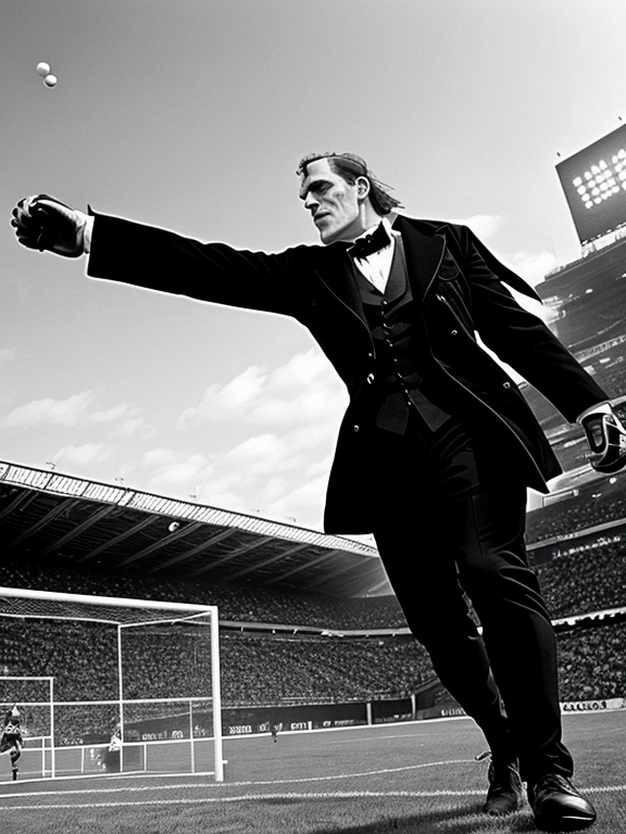 Frankenstein the monster, with bolts through his neck, wearing a dark suit, playing between the goal post as a goalkeeper in a soccer game