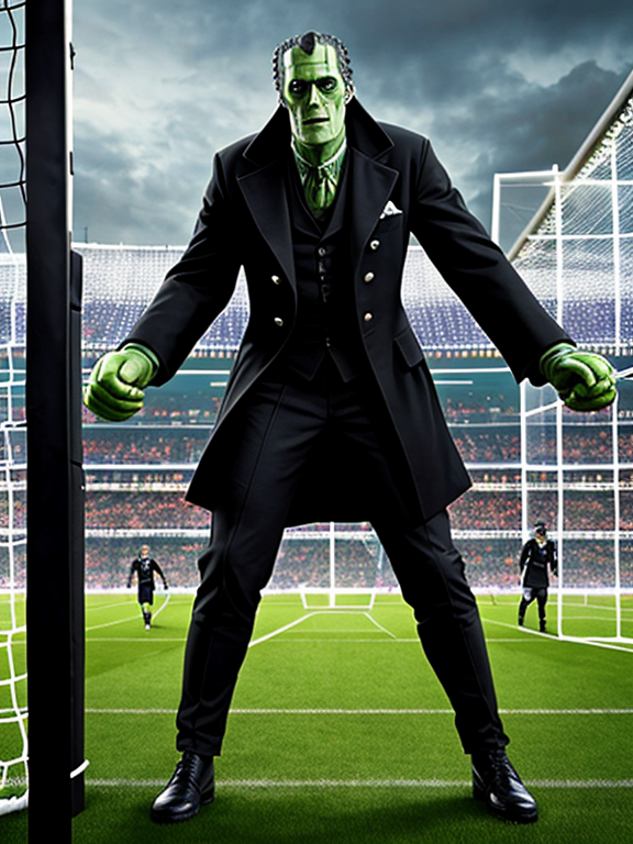 Frankenstein the monster, with bolts through his neck, wearing a dark suit, standing between the goal posts as a goalkeeper in a soccer game