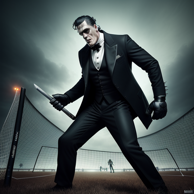 Frankenstein the monster, with bolts through his neck, wearing a dark suit, standing between the goal posts as a goalkeeper in a soccer game, In the style of mike campau, Vray tracing, Serge marshennikov, Photo-realistic techniques, Energetic and bold, Mottled, Janek sedlar