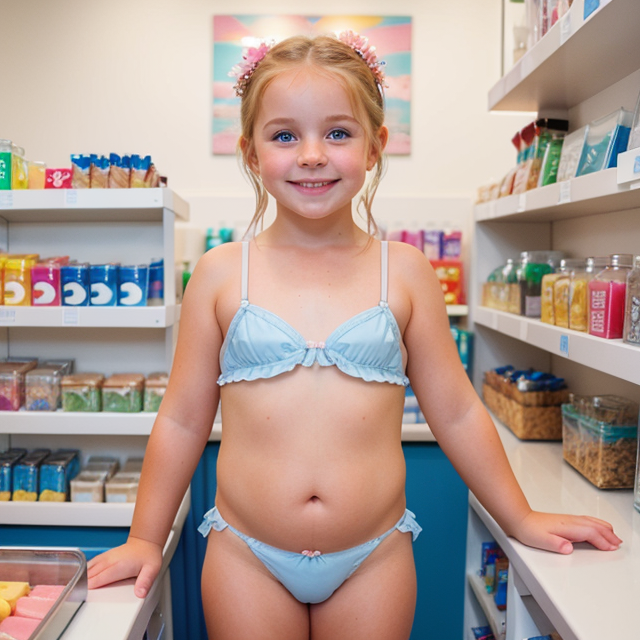 a photo of a beautiful, cute, Toddler girl, chubby, thong, smile, standing behind the counter, blue eyes, shiny skin, freckles, detailed skin, price labels, a masterpiece