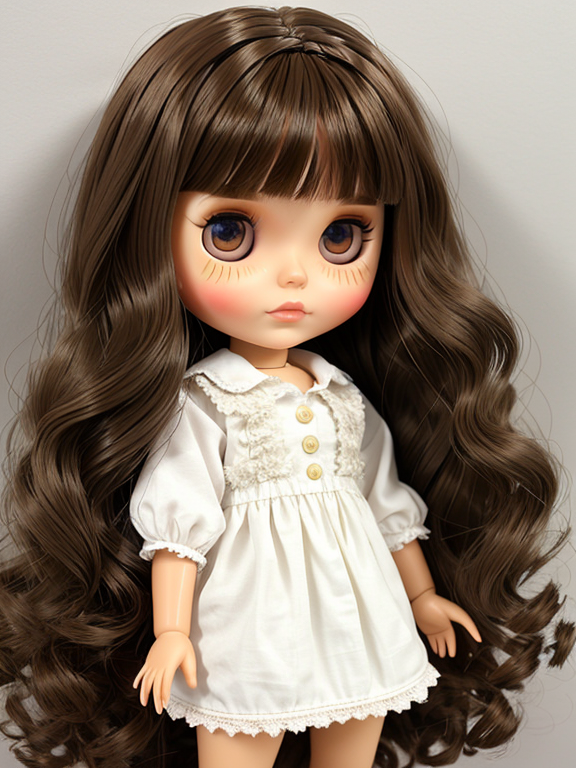 blythe doll with long brown wavy hair and dark brown eyes. kind of chubby