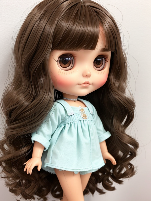 blythe doll with long brown slightly wavy hair, middle part, no bangs.and dark brown eyes. chubby cheeks and dimples