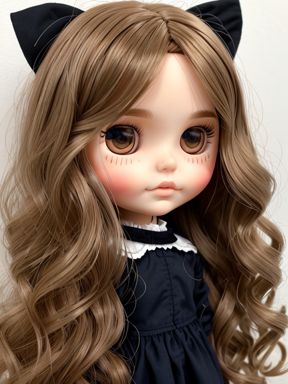 blythe doll with long brown slightly wavy hair .and dark brown eyes. chubby cheeks and dimples