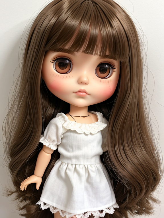 blythe doll with long brown straight and wavy hair. smaller dark brown eyes and chubby cheeks