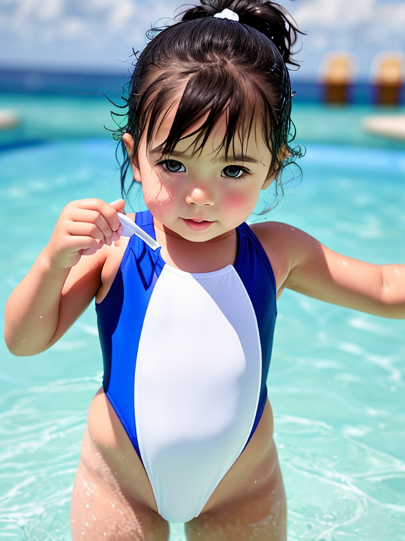 wet Toddler in revealing swimsuit, covered in white sticky foam