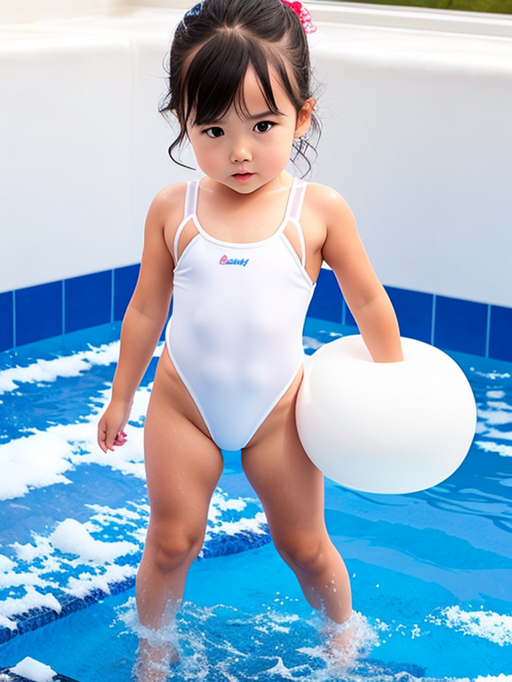 wet Toddler in revealing swimsuit, covered in white sticky foam
