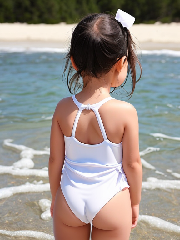 toddler girl in revealing swimsuit covered in wet white foam. rear view 