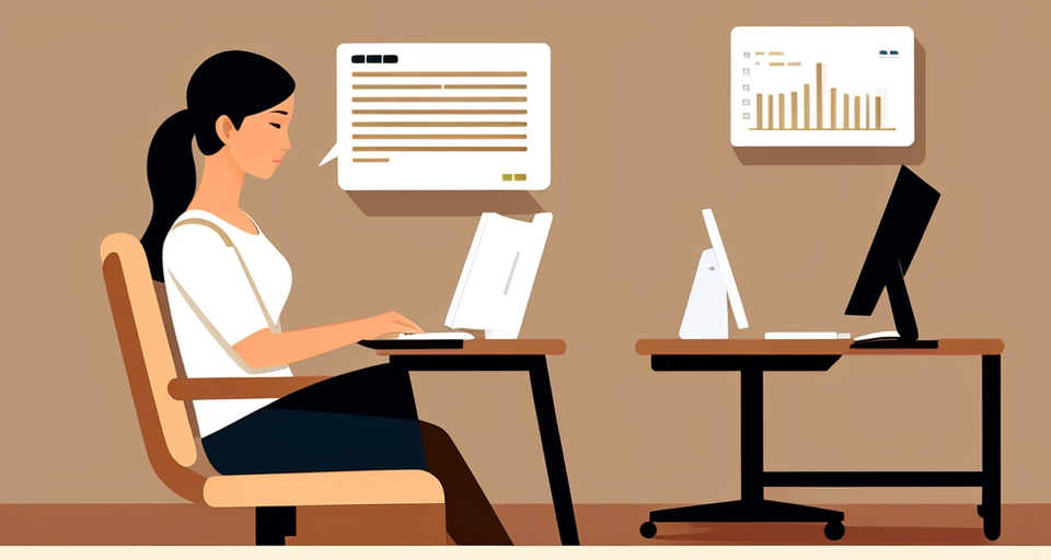 Illustration of a woman typing on a keyboard, a monitor in front of her, sitting in an armchair in a room. Side view. Beige background. Flat design style with noise grainy texture.
