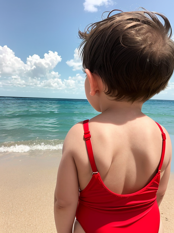Toddler boy, backside, red swimsuit, big bottom
