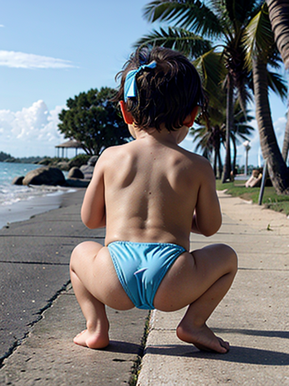 Toddler boy in bikini, on knees, rear view, open legs, loli