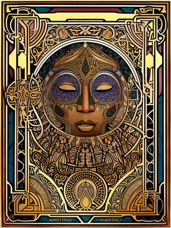 esoteric cover of incredible music with different luxury African masks made by Alphonse Mucha and Magrette