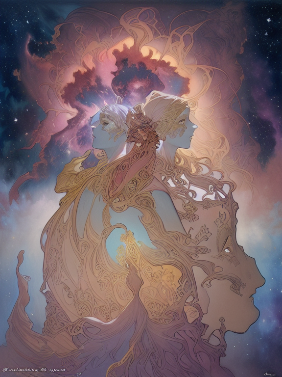 esoteric and psicodelic cover of incredible music with different luxury African masks made by Alphonse Mucha and Zdzisław Beksiński, pastel colors, beautiful gas clouds, amazing twinkling stars, a detailed matte painting by anton pieck, deviantart contest winner, fantasy art, concept art, official art, matte drawing, mystical nebula, mystical nebula