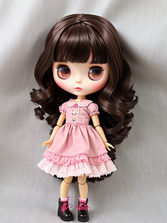Blythe doll medium length dark  brown hair dark brown eyes pink dress