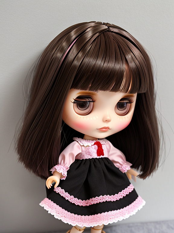 Blythe doll with medium length straight dark brown hair dark brown eyes pink dress