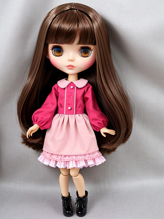 Blythe doll with medium length straight dark brown hair with blond highlights dark brown eyes pink dress