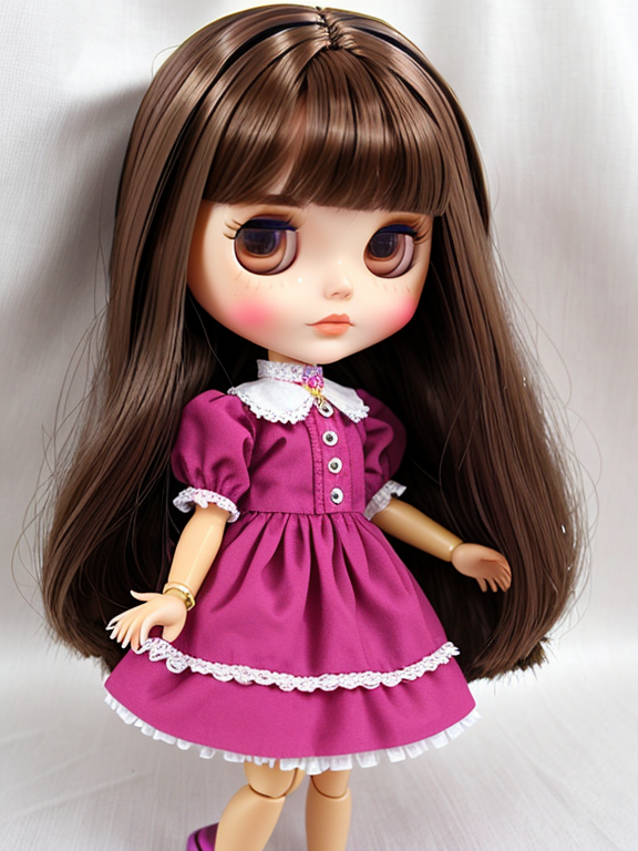 Blythe doll with medium length straight dark brown hair with blond highlights dark brown eyes pink dress