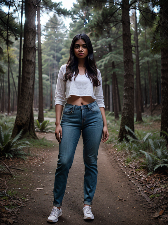 Generate an image of Indian girl in forest wearing jeans, photorealistic photography