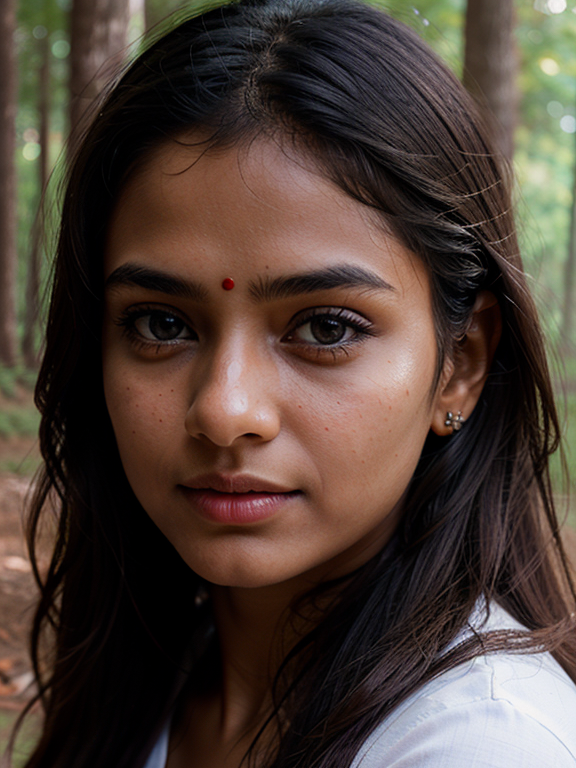 Generate an image of Indian girl in forest wearing jeans, photorealistic photography, close up shot, clear eyes 