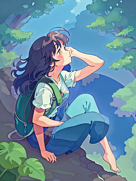 A brown skinned studio ghibli character looking up into the sky whilst sat on a balcony. There is a luscious forest surrounding the house and balcony , black curly-silky hair, tan skin, wearing a backpack, style cartoon, colors, two-dimensional, planar vector, character design, T-shirt design, stickers, colorful splashes, and T-shirt design, Studio Ghibli style, soft tetrad color, vector art, fantasy art, watercolor effect, Alphonse Mucha, Adobe Illustrator, digital painting, low polygon, soft lighting, aerial view, isometric style, retro aesthetics, focusing on people, 8K resolution, octane render