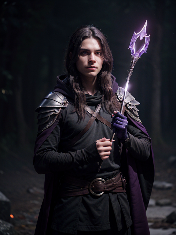 A young male Fallen Aasimar from DnD Arcane Archer, with a magical bow imbued with fire magic and dark-purple gems growing out of hands and left arm, with grey skin and black shoulder long hair and dark cloak with a hood corrupted by demons