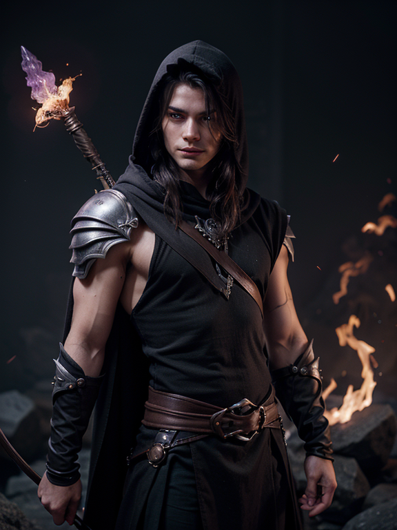 A young male Fallen Aasimar from DnD Arcane Archer, with a magical bow imbued with fire magic and dark-purple gems growing out of hands and left arm, with grey skin and black shoulder long hair and dark cloak with a hood up corrupted by demons