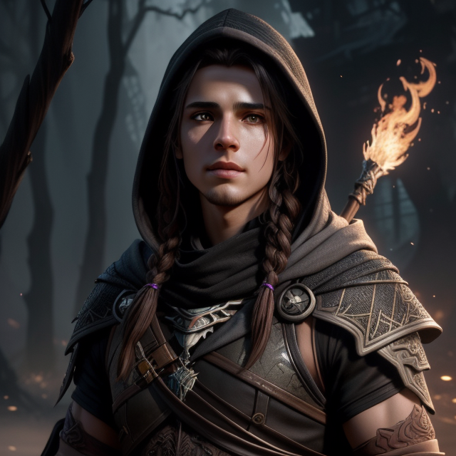 detailed symmetric beautiful hazel eyes, A young male Fallen Aasimar from DnD Arcane Archer, with a magical bow imbued with fire magic and dark-purple gems growing out of hands and left arm, with grey skin and black shoulder long hair and dark cloak with a hood up corrupted by demons, apocalyptic environment, splatter drippings, style of Horizon Zero Dawn, style of Brian Froud, Carne Griffiths, Wadim Kashin, John William Waterhouse, centre image, golden hour, 8k, soft lighting aesthetic, edge-to-edge print, volumetric lighting, TanvirTamim, cinematic, colorful background, concept art, dramatic lighting, high detail, highly detailed, hyper realistic, intricate, intricate sharp details, octane render, smooth, studio lighting, trending on artstation